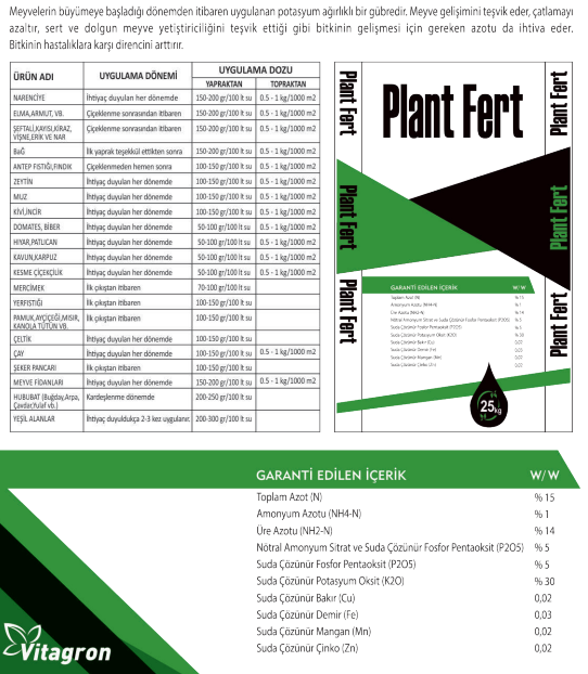 Vitagron plant Fert 15-05-30+TE özellikler